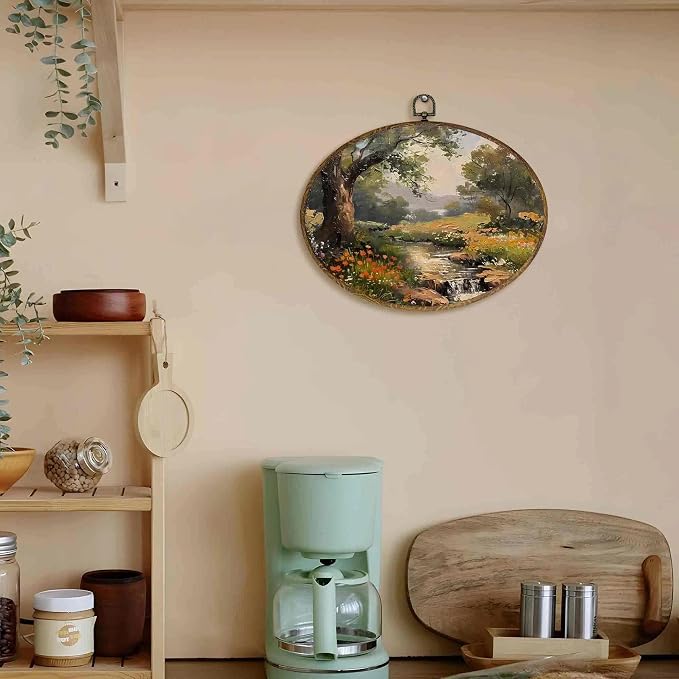 LKETW Vintage Rustic Cottagecore Oval Wall Art Decor, Farmhouse Cottage Oval Canvas Hanging Decor, Country Floral Botanical Landscape Wall Decorations for Home Bedroom Living Room, 11.4x8.6 Inch