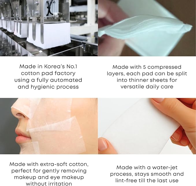 Multi Cotton Pads – 100% Pure Cotton for Makeup Removal & Skincare, 5-Layer Lint-Free Premium Korean Facial Cotton Pads, Hypoallergenic, 80 Count