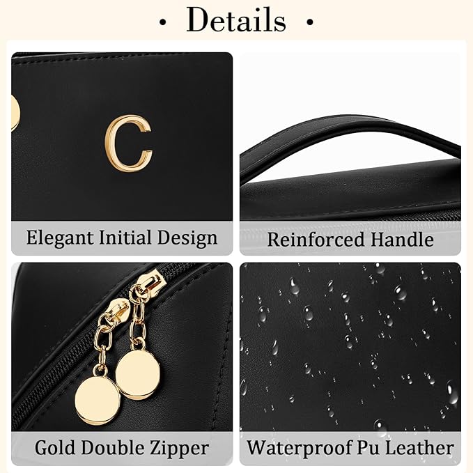 Birthday Gifts for Women Teen Girl, Personalized Initial Makeup Organizer Bag Set, Open Flat Travel Cosmetic Bag With Clear Divider and Handle(Black,C)