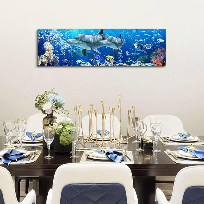 Large Dolphin Wall Art for Bathroom Nautical Theme Picture Ocean Coastal Room Decor Nature Blue Seascape Painting Prints Under The Sea World Landscape Poster Artwork Living Room Decorations 14x48"