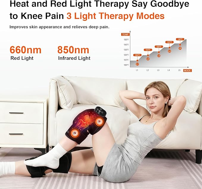 Red Light Therapy Knee Brace with Massage, Cordless Knee Massager with Heat and Red Light Therapy, 660nm&850nm Infrared Red Light Wrap for Knee Joint, Heated Therapy Device for Pain Relief (Pair)