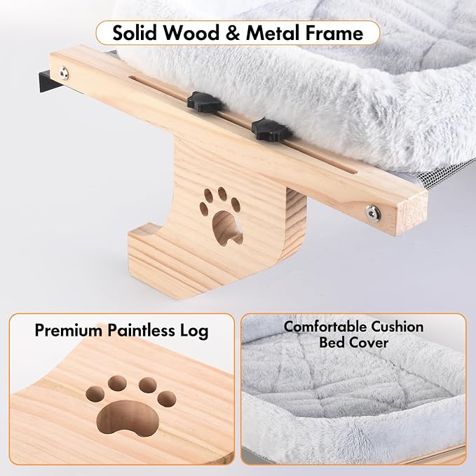 AMOSIJOY Wooden Cat Windowsill Perch with Zipper Cushion Bed, 24.4in | Sturdy Wood & Metal Frame Hold up to 40lbs, Machine Washable, Easy to Adjust, Hook-on Mounting Cat Hammock Seat for Large Cat