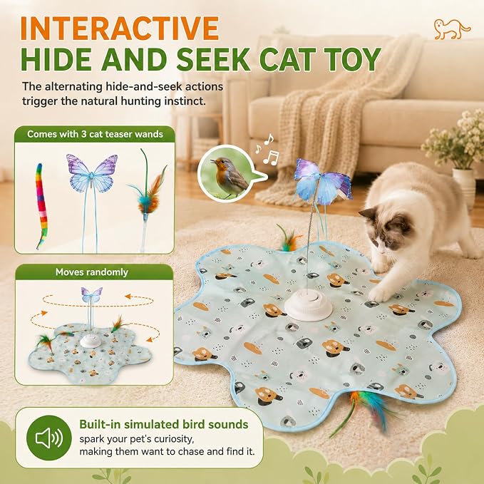Cat Toy, Interactive Cat Toy, Cat Toys Interactive | Rechargeable Hide and Seek Automatic Kitten Toy with 3 Replaceable Wands, 3 Modes, Realistic Bird Chirp Sounds for Indoor