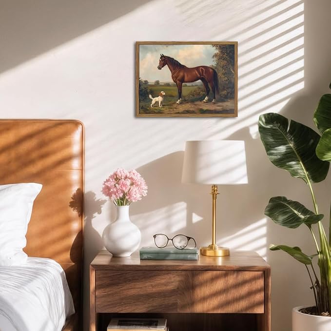 Framed Vintage Wall Art, Rustic Horse and Dog Pictures Wall Decor, Farmhouse Animal landscape Paintings Canvas Prints Neutral Aesthetic Home Decor for Living Room Bedroom Bathroom Office 16x24 inch