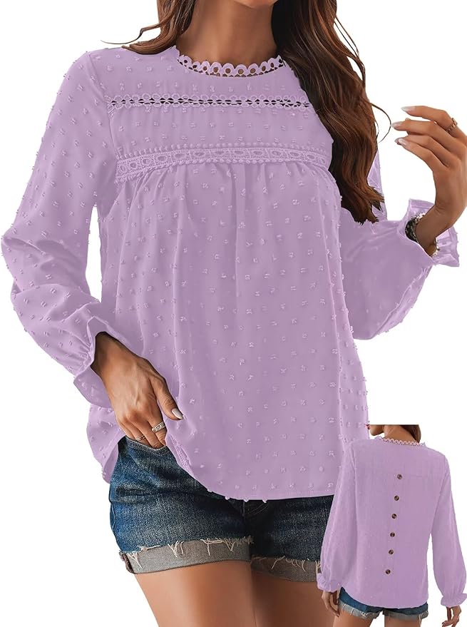 Womens Boho Tops Long Sleeve Shirts For Women Cute Crewneck Blouse Dressy Casual Swiss Dot Crochet Hollow Top 2026