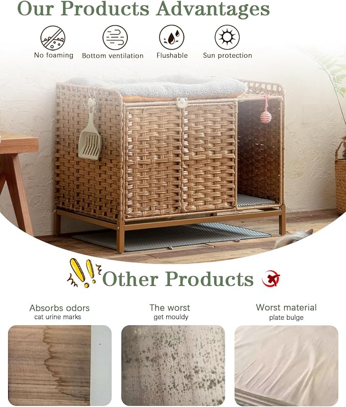 SETVSON Litter Box Enclosure Furniture with Divider, Cat Cabinet, Natural | Handwoven PE Rattan with Soft Litter Mat, 3.54-In Heightened Metal Feet, 2 S-Hooks, 31.2 x 19.6 x 24.2 In Spacious