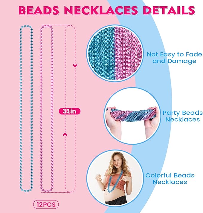 SHAOQINLIN 12 PCS Pink and Blue Beads Necklace, 33" Gender Reveal Necklaces Gender Reveal Accessories for Gender Reveal Baby Shower Games Birthday Party Favors
