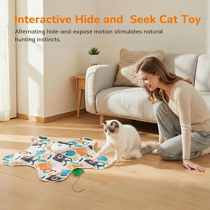 Cat Toy, Interactive Cat Toy, Cat Toys Interactive, Rechargeable Hide and Seek Automatic Kitten Toy with 2 Replaceable Wands, 3 Modes, 10-Min Auto-Sleep & Realistic Mouse Sounds for Indoor