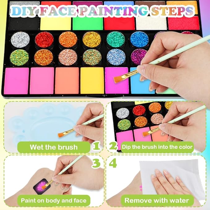 Face Painting Kit for Kids, 42 Colors Water Based Face Paint, 16 Crayons, 8 Reusable Stencils and 32 Sticky Stencils, 10 Brushes, 2 Gem Sheets, Professional Face Painting Kit for Parties Halloween