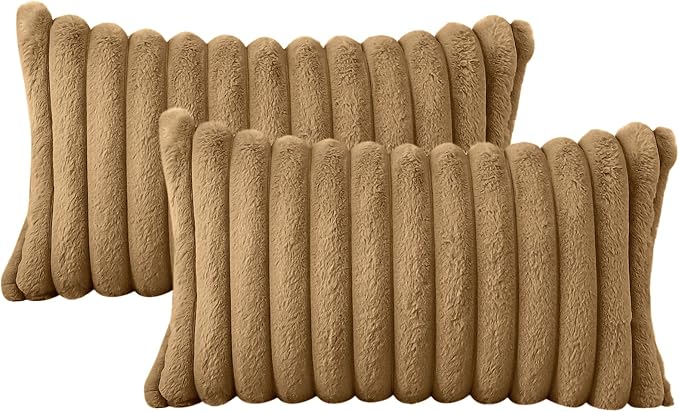 Soleebee Set of 2 Throw Pillow Covers Soft Cozy Velvet Pillowcase Faux Rabbit Fur Cover for Couch Sofa Bed Chair Home Decorative Pillows Cover (12x20 Inch, Light Brown)