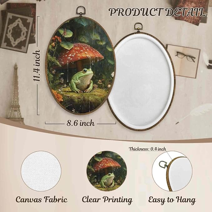 LKETW Dark Cottagecore Frog Mushroom Oval Wall Art Decor, Vintage Whimsical Oval Canvas Hanging Decor, Moody Botanical Frog Mushroom Wall Decorations for Home Bedroom Living Room, 8.6x11.4 Inch
