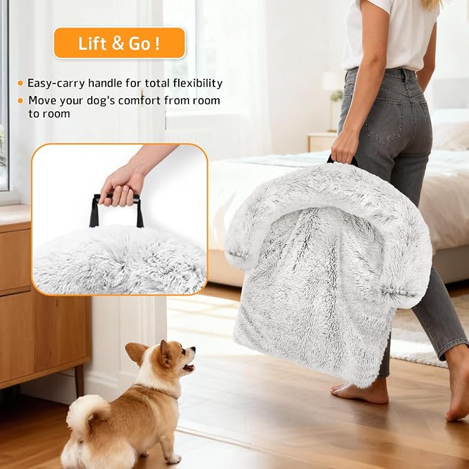 Calming Dog Bed Fluffy Plush Dog Mat for Furniture Protector with Removable Washable Cover for Large Medium Small Dogs and Cats (XS (31"x23.5"x5"), Light Grey)