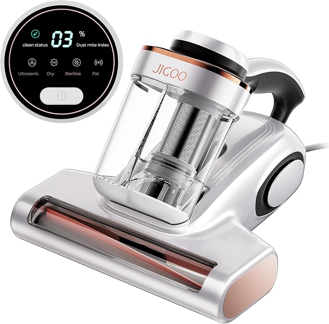 JIGOO J300 Bed Vacuum Cleaner, Dust Sensor, Pet Hair, UV and Heat, Corded | Mattress vacuum cleaner with 500W motor, 13Kpa suction, UV-C light and 130°F heat for pet hair on beds, sofas, White