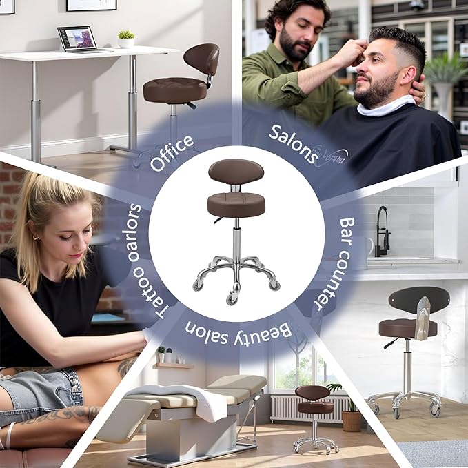 Kaleurrier Swivel Stool Adjustable Height: Heavy Duty Hydraulic Rolling Chair Metal Stool for Kitchen Salon Bar Office Massage (with Back Rest) (Coffee)