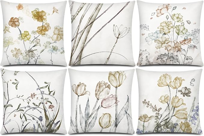 Sage Green Throw Pillow Covers 18x18 Set of 6, Botanical Floral Home Decor | spring summer floral bloom, Standard Throw Pillow Size, Breathable Linen, Neutral flower, Couch Sofa Living Room, home decor
