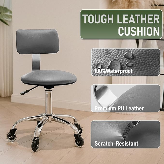 Rolling Stool Chair with Wheels, Height Adjustable Stool with Back Support, Heavy Duty Rolling Shop Chair with PU Leather Seat Cushion for Salon Spa Massage Kitchen Vanity Garage Tattoo Dentist(Grey)