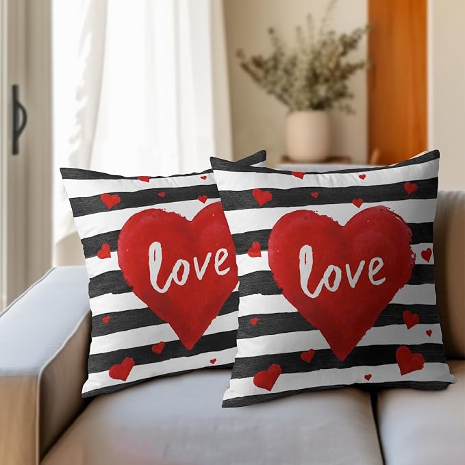 Kawani Valentine's Day Throw Pillow Covers 20x20 Set of 2 Romantic Red Love Stripes Decorative Pillow Cases Cotton Linen Cushion Cover for Lovers Home Sofa Couch Wedding Anniversary Decor
