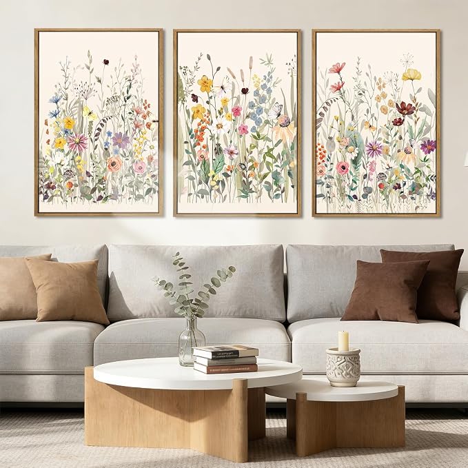 BINCUE Large Framed Floral Canvas Wall Art Colorful Wildflower Pictures Wall Decor for Living Room Bedroom Home Decor 3 Panel 16x24 Inches