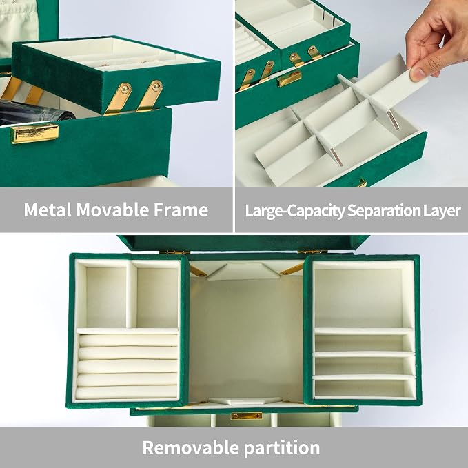 Jewelry Organizer Box, Large Velvet Jewelry Boxes for Women Girls, Space-Saving 3 Layers Jewelry Storage Case with Drawer, Movable Metal Stand, Modern, Gift Idea (Green)