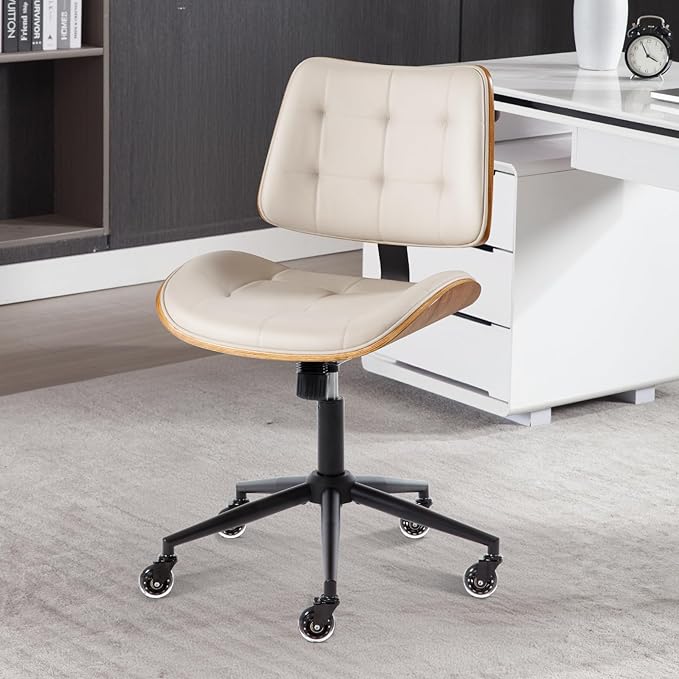 Home Office Desk Chair with Wheels, Adjustable Height Armless Office Chair, PU Leather Mid Back 360° Small Computer Chair, Modern Walnut Chair No Arms for Office, Reading Meeting Room(Beige)