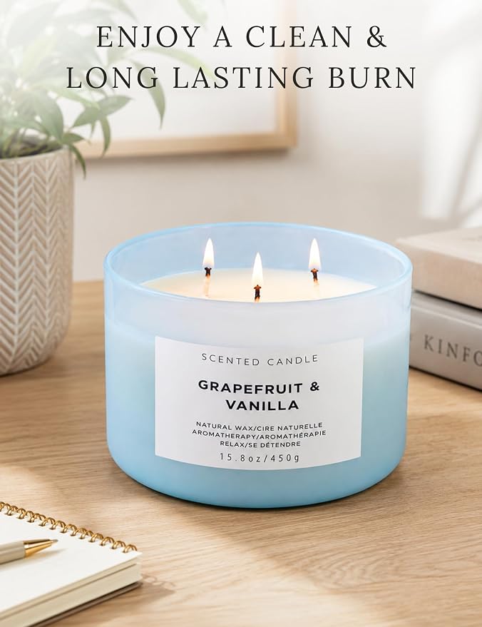 Grapefruit Vanilla 3-Wick Soy Candle | 15.8 oz Large Scented Candle for Home | Highly Scented Aromatherapy Candle for Women | Luxury Citrus Vanilla Candle Gift | Clean Burn Long Lasting