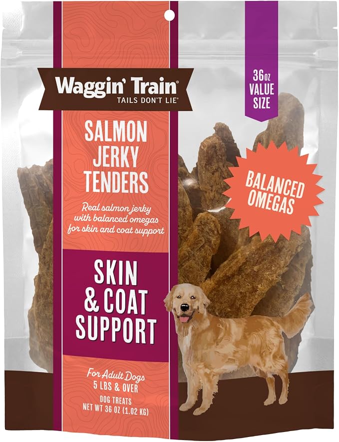 Waggin' Train Salmon Jerky Dog Treats for Skin and Coat Support, Made with 100% Real Salmon, No Grains and No Artificial Flavors or Colors, High Protein Dog Treat, Easily Digestible, 36 oz. Pouch