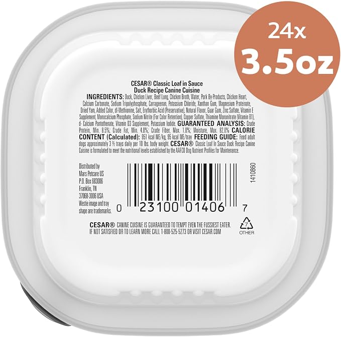 Cesar Classic Loaf in Sauce Wet Dog Food, Duck Recipe, 3.5 oz, 24 Count | Made in USA, Real duck #1 ingredient, no fillers/added sugar/artificial flavors, use as meal or topper, easy peel trays