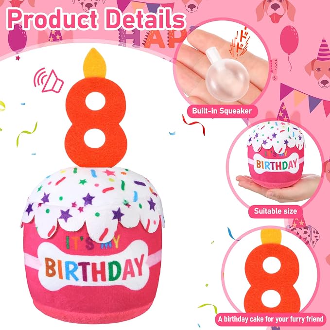 Dansydaisy Dog Birthday Cake Toy Squeaky Plush Gift,8th,Pink