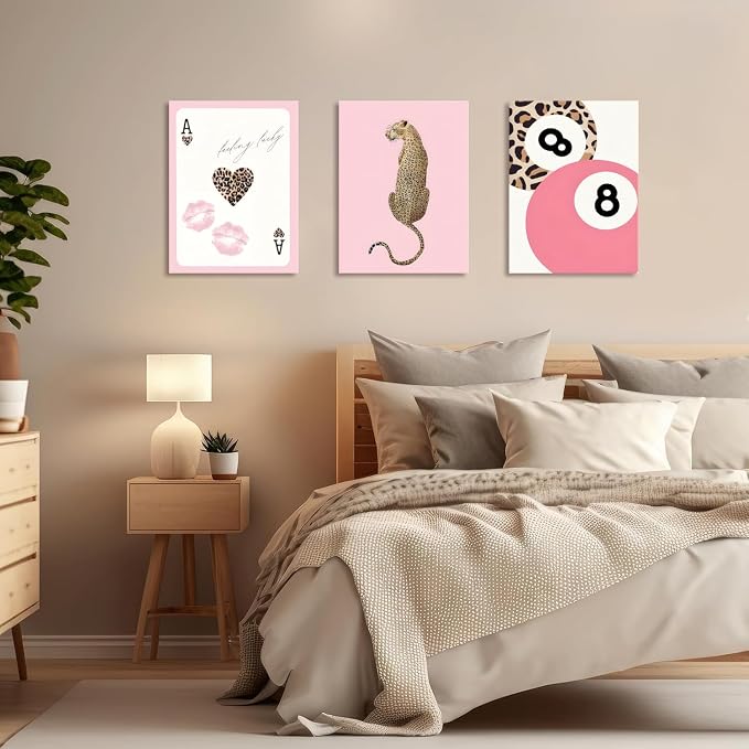 Cheetah Trendy Wall Art Set of 3 Preppy Leopard Canvas Print for College Apartment Room Wall Decor 8 Ball Poster Y2k Pink Coquette Print Lucky Aesthetic Pictures for Bedroom Dorm 12x16 In Framed
