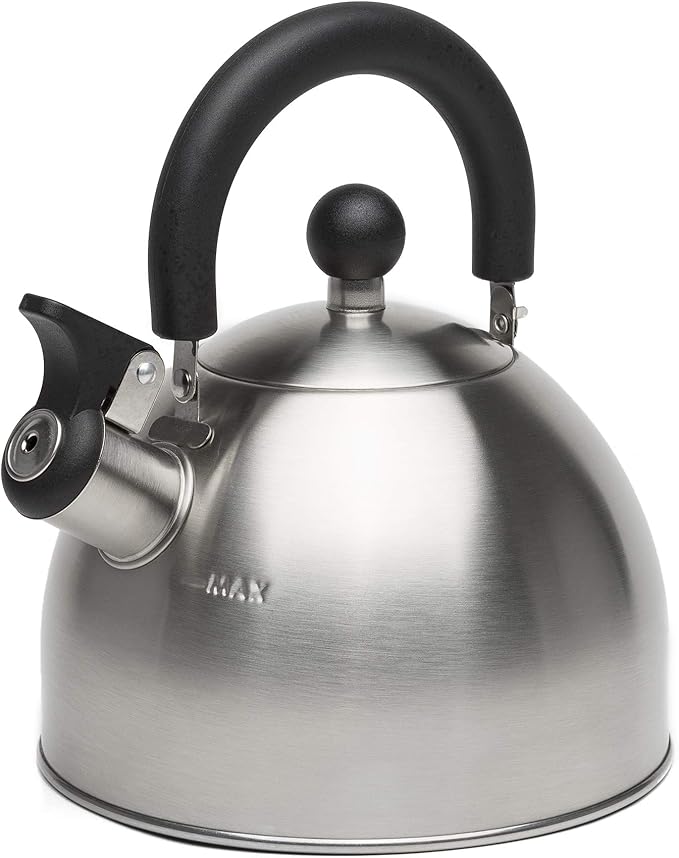 Primula Stewart Whistling Tea Kettle for Stovetop, Stainless Steel Stove Top Kettle with Fast Boil Whistling Spout and Cool Touch Folding Handle, 1.5-Quart, Brushed Silver with Black Handle