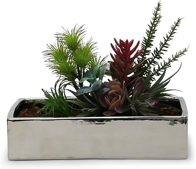 WGV Rectangle Block Ceramic Vase Bulk 12" x 7" x 3"H Silver Low Plate Planter Terrarium Floral Centerpiece for Wedding Event Home Decor 6 Pieces