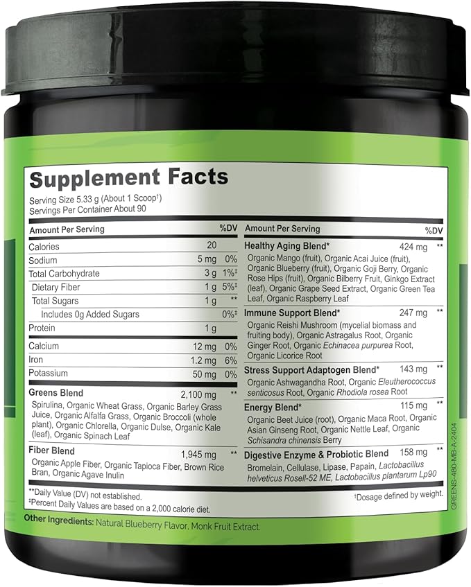 NATURELO Raw Greens Superfood Powder 480 Grams, Mixed Berry - Supports Energy, Immunity and Detox - Includes Spirulina, Wheat Grass and Organic Greens for Whole Food Nutrition