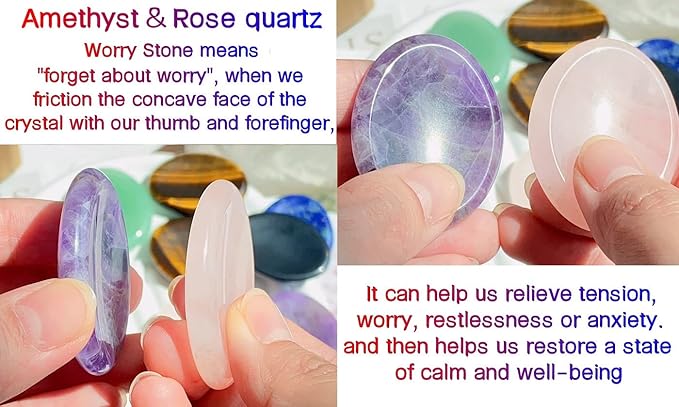 QINJIEJIE 2PCS Thumb Worry Stones for Anxiety Healing Crystals Rose Quartz Amethyst Hand Carved Stones Pocket Meditation Oval Crystal Natural Reiki Relax Palm Stone Therapy Stocking Stuffers Adults