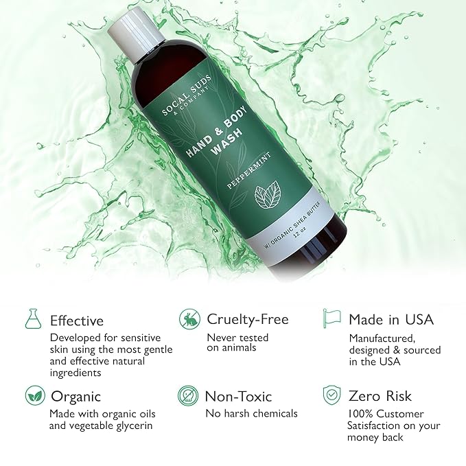 SoCal Suds & Company Organic Shea Butter Body Wash, 2-Pack – Peppermint Liquid Castile Soap for Hand & Body, Moisturizing Plant-Based Organic Soap for Women, Men & Sensitive Skin (12oz Each)