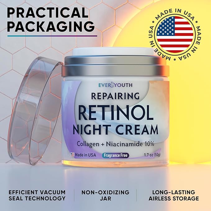 Night Cream Face Moisturizer for Women with Retinol, Collagen, Niacinamide, Anti Aging Overnight Face Mask, Made in USA, Niacinamide Serum Facial Moisturizer Anti Wrinkle Cream for Women, 1.7oz