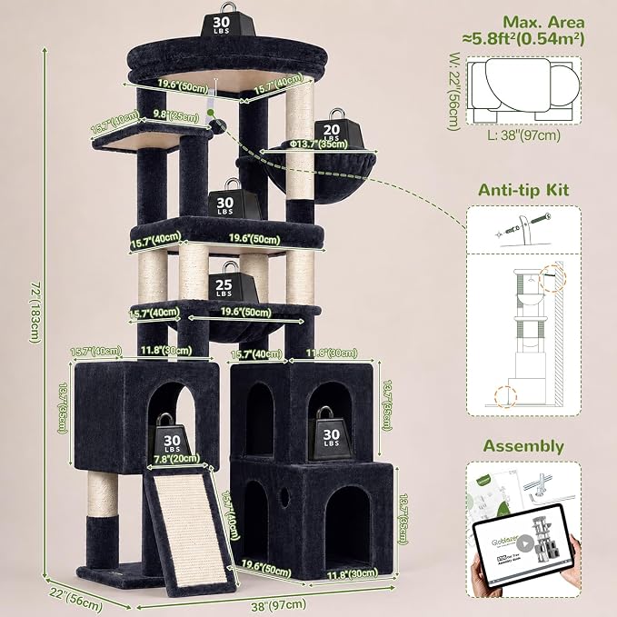 Globlazer Tall Cat Tower for Indoor Adult Cats, 72-inch, S72G, Dark Grey | Heavy Duty Cat Tree House for Big Cats with 2 Extra-Large Padded Platform, 7 Sisal Scratching Posts, 3 Large Condos