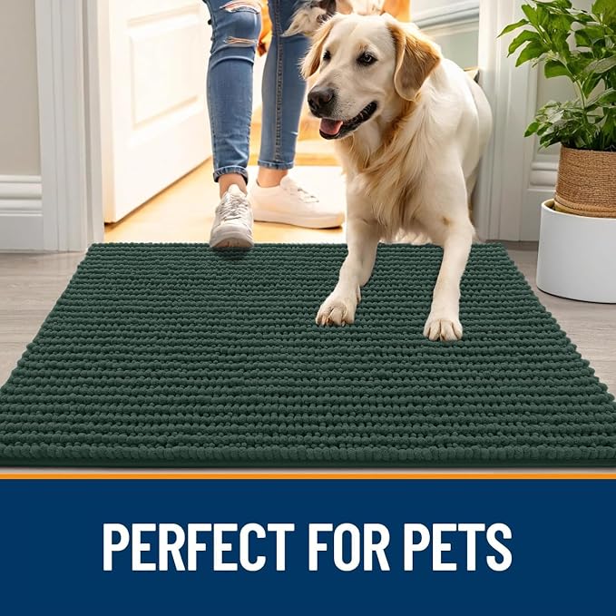 OLANLY Dog Door Mat for Muddy Paws 40x32, Extra Absorbent Chenille Mud Mat | Blackish Green, Absorbs Moisture and Dirt, Non-Slip Machine Washable Doormat, Quick-Drying Indoor Entryway Floor Mat for Dogs