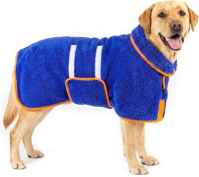 Dog Bathrobe, Super Absorbent for Small to Large Dogs, Dark Blue L | Dog Robes with Soft Fleece, Warm & Cozy, Adjustable Fit, and Quick Drying Coat for Baths Swimming and Grooming