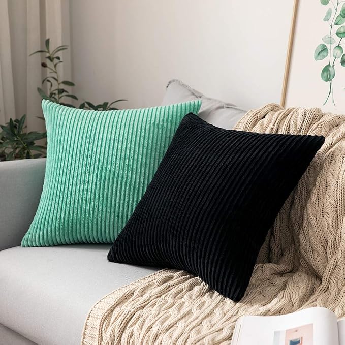 MIULEE Decorative Corduroy Throw Pillow Covers Set of 2 18x18 Black | Soft Striped Textured Cushion Cases, Boho Modern Square Pillowcases for Home Decor, for Couch Chair Sofa Bed Living Room