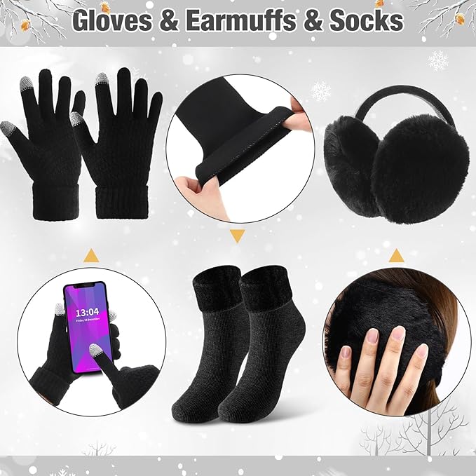 SATINIOR 5 Pcs Winter Hat Scarf Gloves Set Fleece Warm Lined Knit Beanie Hat Touch Screen Earmuff Gloves Warmer for Women(Black,Vivid Style)