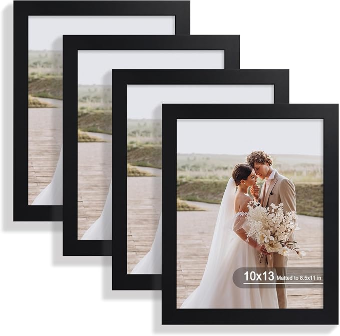 Hongkee 10x13 Picture Frame Set of 4, Made of Real Glass and Black Frame, 10 by 13 Photo for Wall or Tabletop - Display Picture 8.5x11 with Mat or 10x13 Without Mat