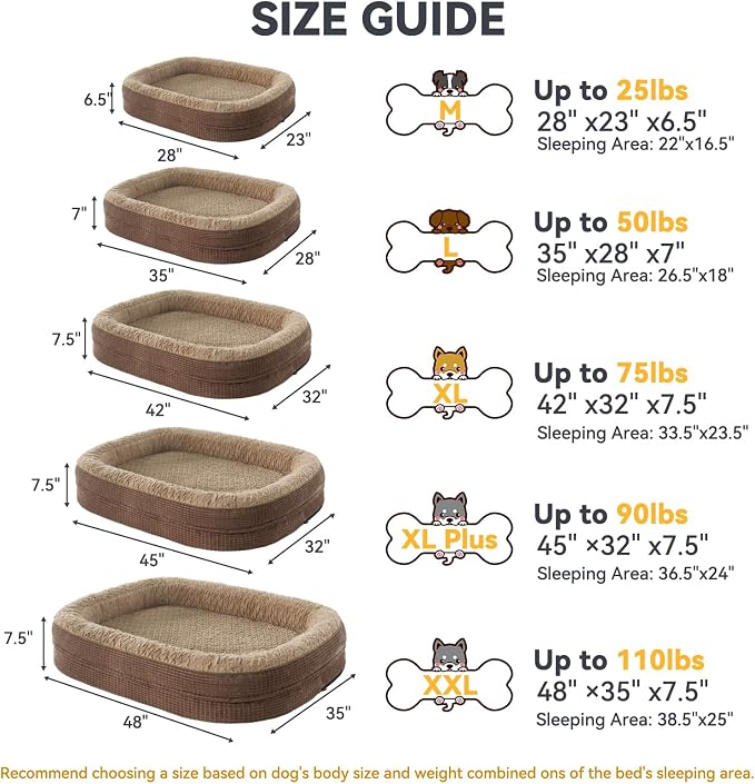 JOEJOY Orthopedic Dog Beds Large Sized Dog, XL Egg-Crate Memory Foam Pet Couch Bed with Bolster Sides, Waterproof Lining, Removable Washable Cover & Non-Slip Bottom, Brown