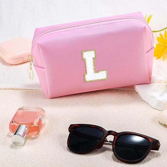 URSKYTOUS Initial Makeup Bag for Women Travel Small PU Leather Cosmetic Bag Cute Pink Personalized Preppy Chenille Letter Makeup Pouch for Purse Zippered Toiletry Organizer Makeup Case Ideal Gift（L）