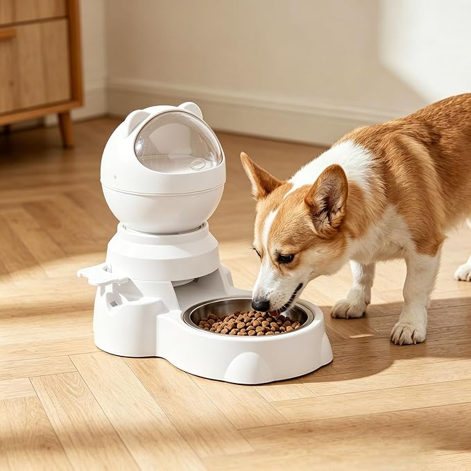 Automatic Gravity Pet Feeder Dispenser,Treat Dispenser with Button for Slow Feeder,Dog Waterer and Food Feeder for Cats Dogs (White)