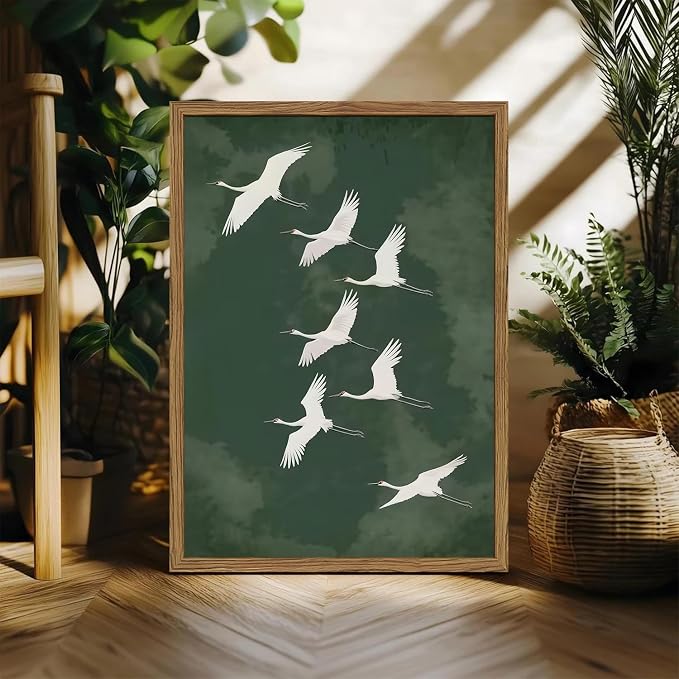 Framed Japanese Flying Cranes Wall Art, Vintage Bird Pictures Wall Decor Paintings, Rustic Nature Animal Canvas Prints Minimalist Home Decor for Living Room Bedroom Office Zen 12x16 inch