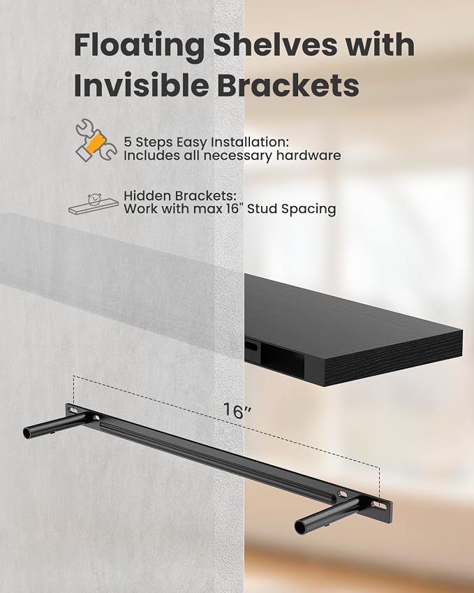 AMADA HOMEFURNISHING Floating Shelves for Wall, Wall Shelves for Living Room, Bedroom, Bathroom, Kitchen & Home Office Organization, Bathroom Shelves with Hidden Brackets, 22 lbs Max Load, AMFS44B