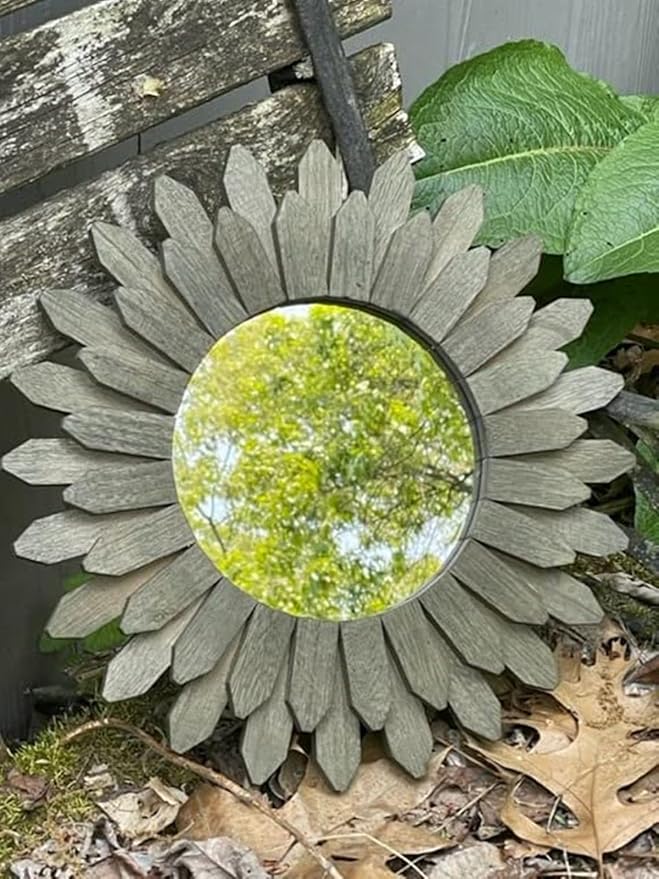 Farmhouse Wall Decor Mirror 12 inch Sunburst Boho Wood Mirror Rustic Home Decor Room Decoration for Bedroom Living Room Weathered Grey
