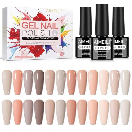 AIMEILI Nude Neutral Gel Nail Polish Set 12pcs, Hema Free, Cruelty Free, Vegan, Soak Off U V LED Nail Art Manicure Salon DIY - Kit 39