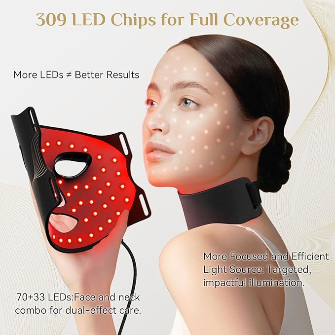 LED Light Therapy Mask Skin Care Mask & Neck, LED Red 630±5nm & NIR 830nm Wavelength for Home Use（Advanced Black）