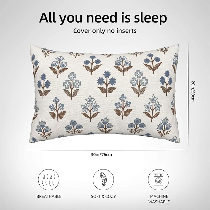 Brown Blue Pillow Covers 12x20 Inch Set of 2 Boho Block Print Floral Throw Pillows Vintage Flower Decorative Pillow Cases Outdoor Linen Farmhouse Cushion Cover for Couch Sofa Bed Decor
